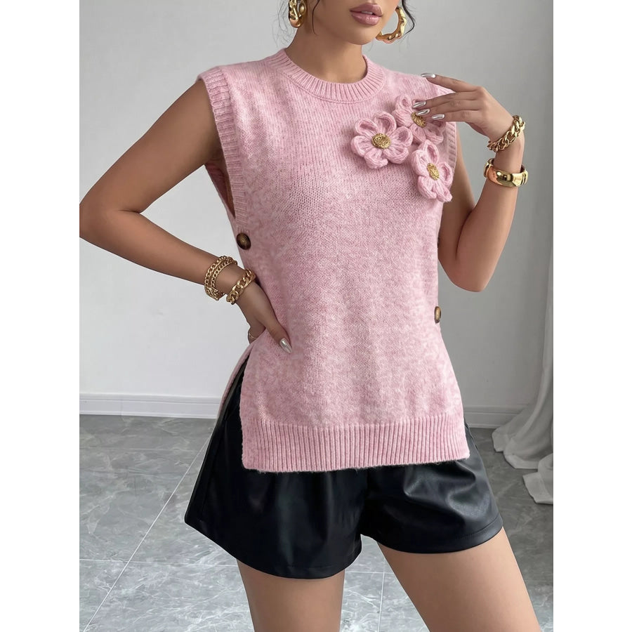 Side Button Sweater Vest with 3D Floral Appliques Apparel and Accessories