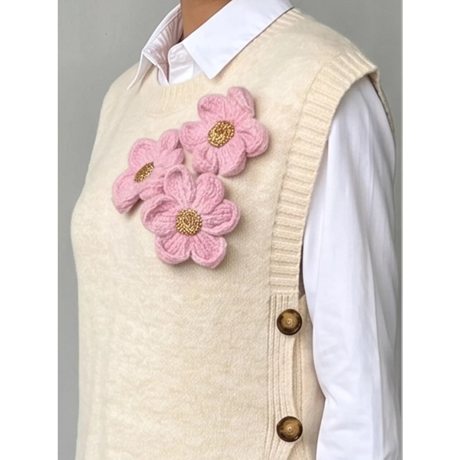 Side Button Sweater Vest with 3D Floral Appliques Apparel and Accessories