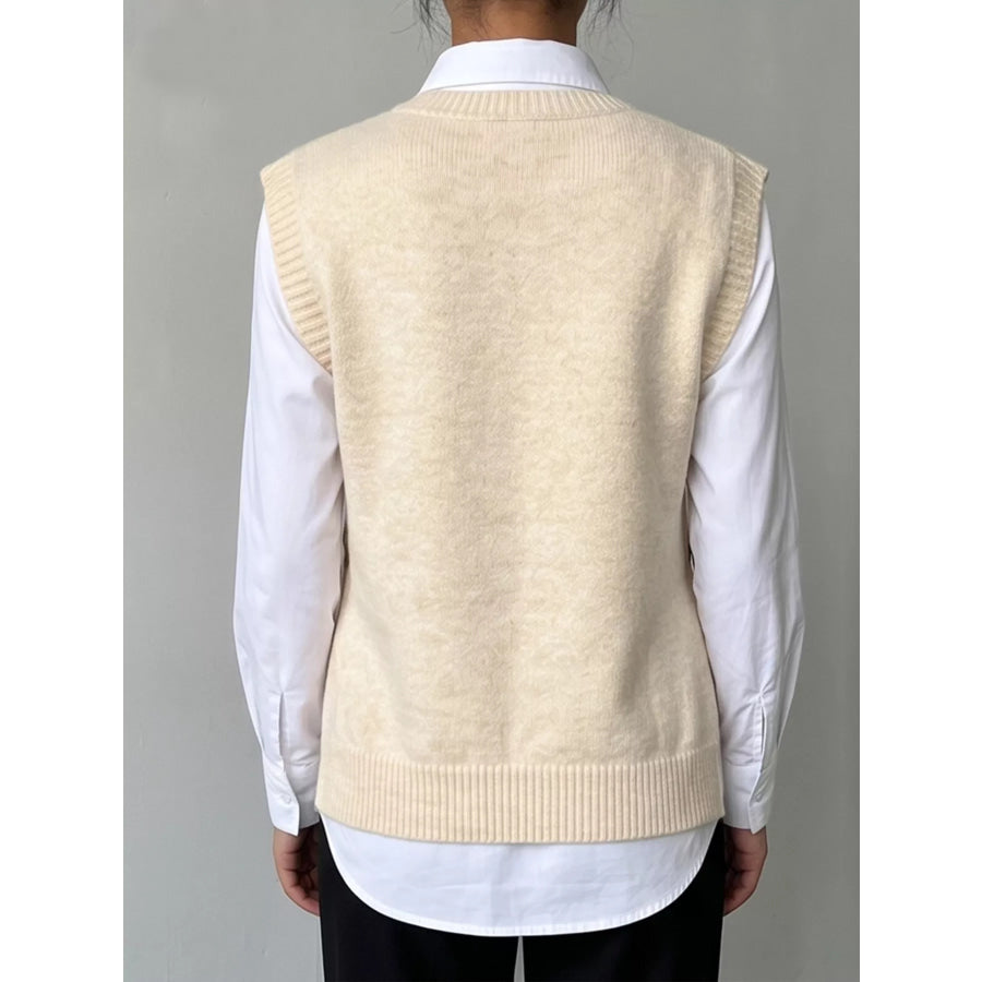 Side Button Sweater Vest with 3D Floral Appliques Apparel and Accessories