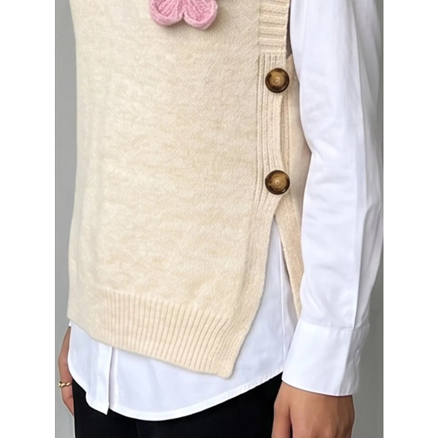 Side Button Sweater Vest with 3D Floral Appliques Apparel and Accessories