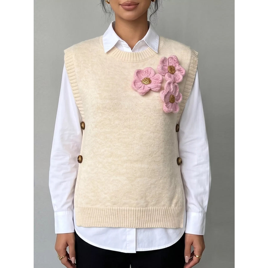 Side Button Sweater Vest with 3D Floral Appliques Apricot / S Apparel and Accessories