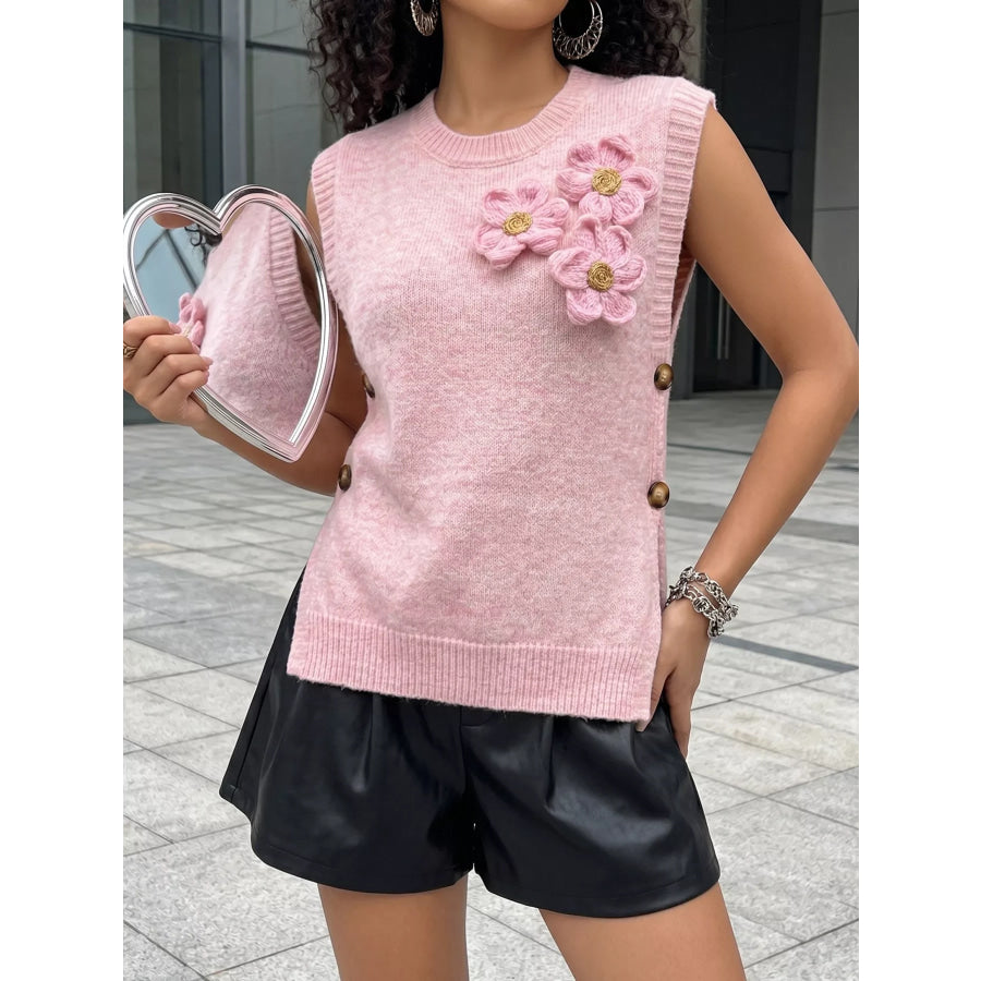 Side Button Sweater Vest with 3D Floral Appliques Pink / S Apparel and Accessories
