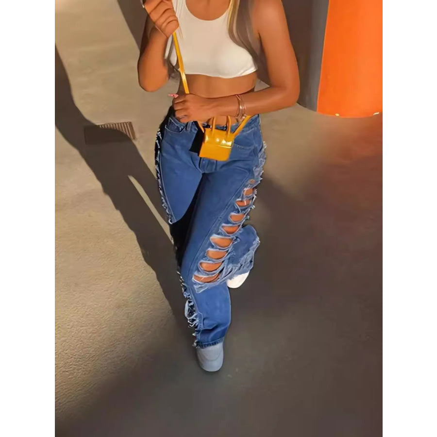 Side Distressed Jeans Apparel and Accessories