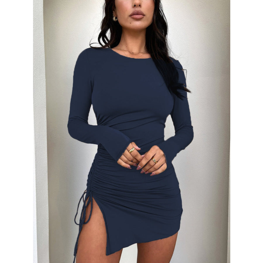 Side Drawstring Round Neck Long Sleeve Dress Apparel and Accessories