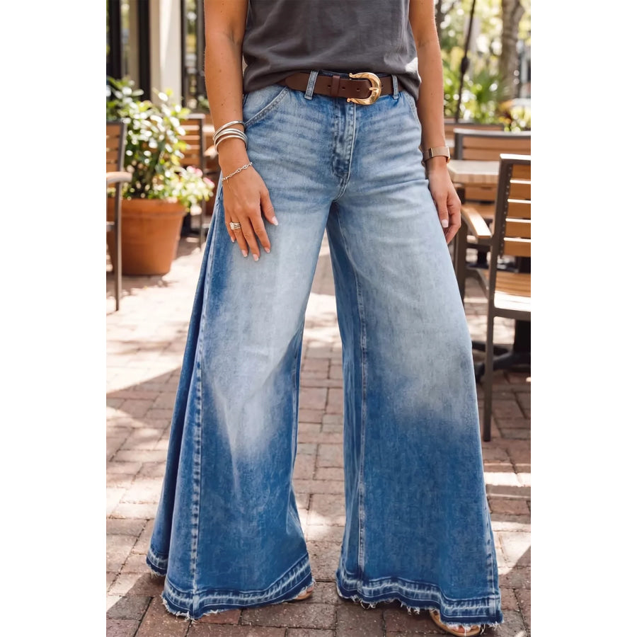 Side Seam Gathering Flare Leg Jeans Dusty Blue / 4 Apparel and Accessories