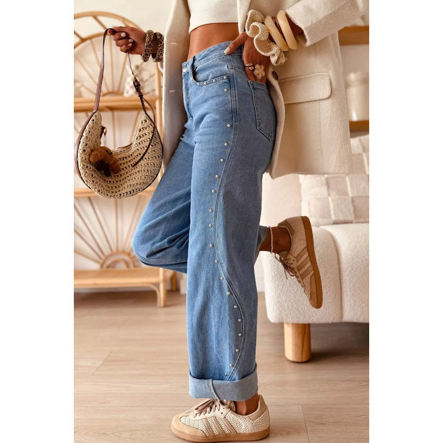 Side Seam Rivet Detail Ankle Length Casual Jeans Apparel and Accessories
