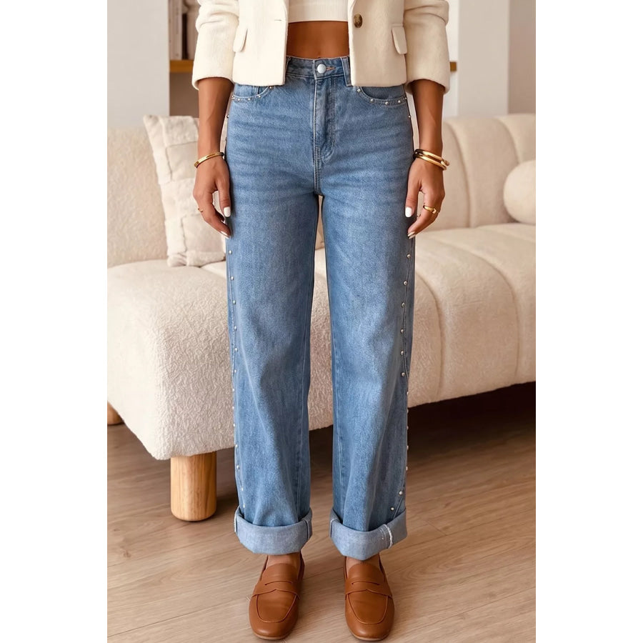 Side Seam Rivet Detail Ankle Length Casual Jeans Dusty Blue / 4 Apparel and Accessories