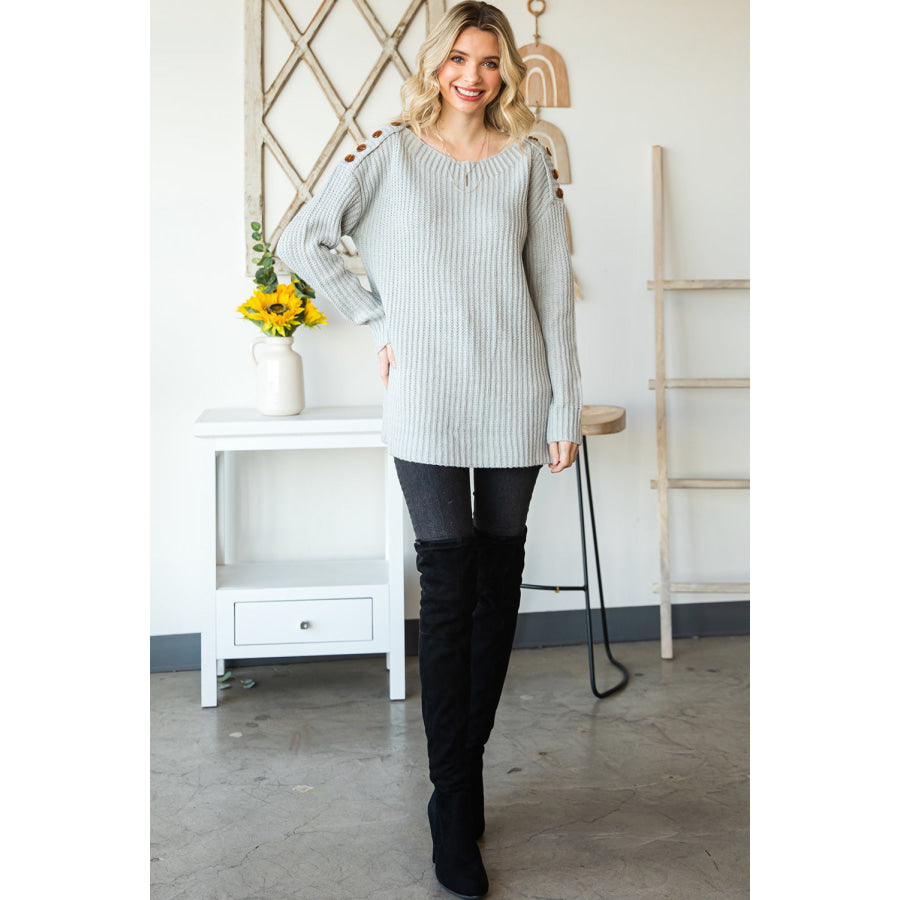 Side Slit Boat Neck Long Sleeve Sweater Apparel and Accessories