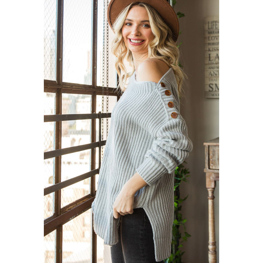 Side Slit Boat Neck Long Sleeve Sweater Apparel and Accessories