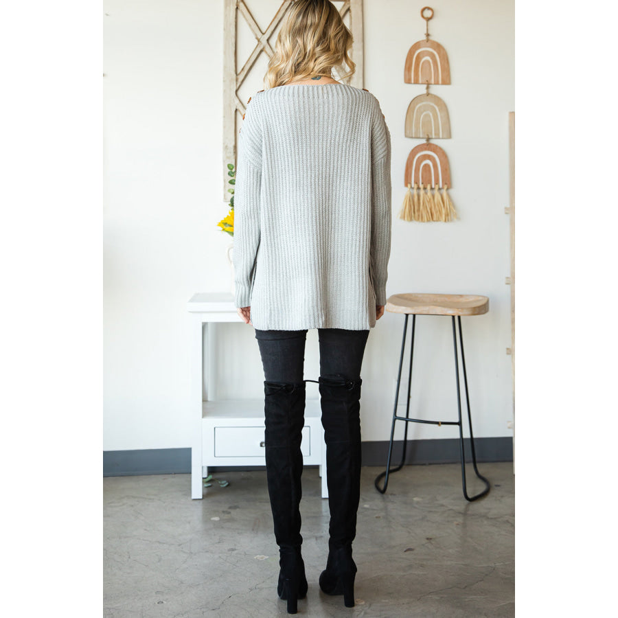 Side Slit Boat Neck Long Sleeve Sweater Apparel and Accessories