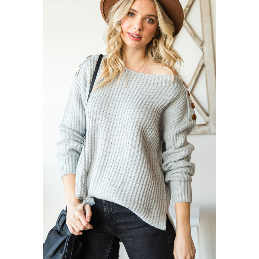 Side Slit Boat Neck Long Sleeve Sweater Apparel and Accessories