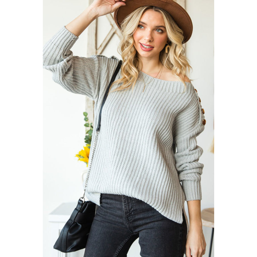 Side Slit Boat Neck Long Sleeve Sweater Apparel and Accessories