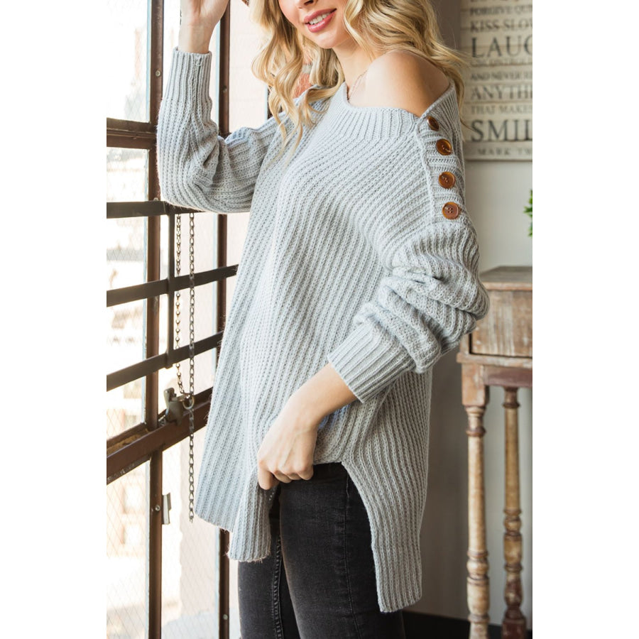 Side Slit Boat Neck Long Sleeve Sweater Gray / S Apparel and Accessories