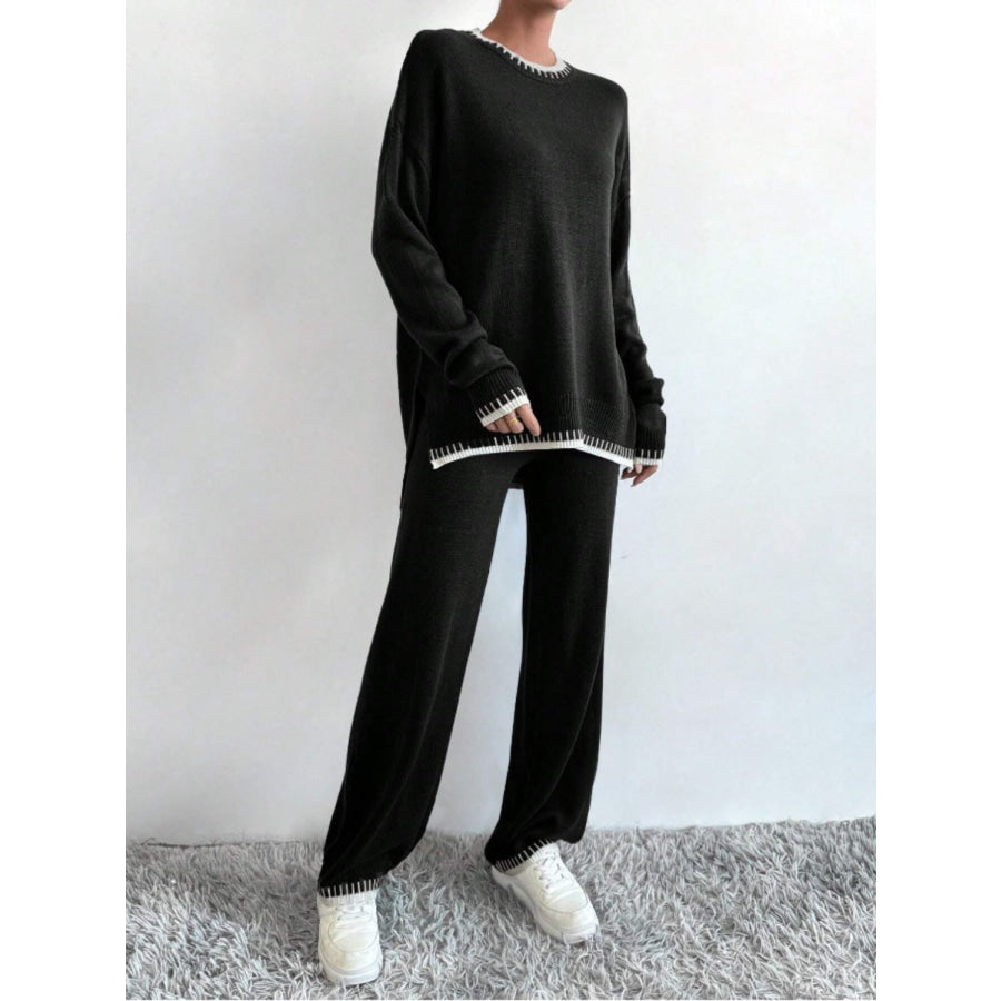 Side Slit Contrast Trim Round Neck Top and Pants Sweater Set Apparel and Accessories