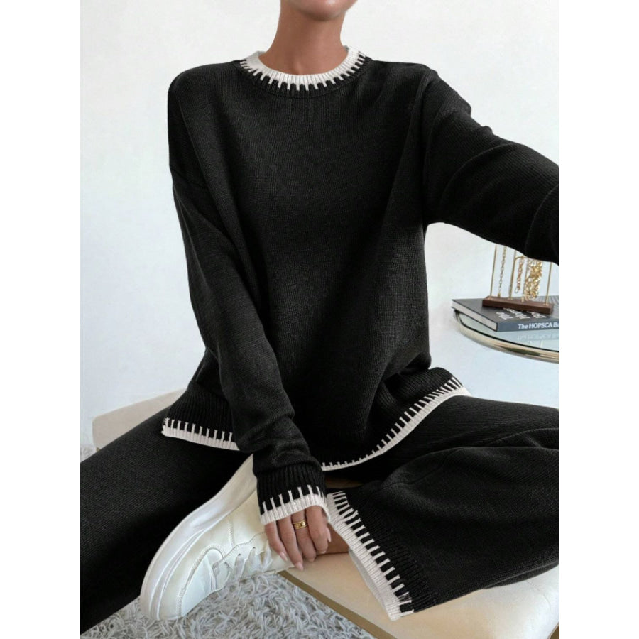 Side Slit Contrast Trim Round Neck Top and Pants Sweater Set Apparel and Accessories