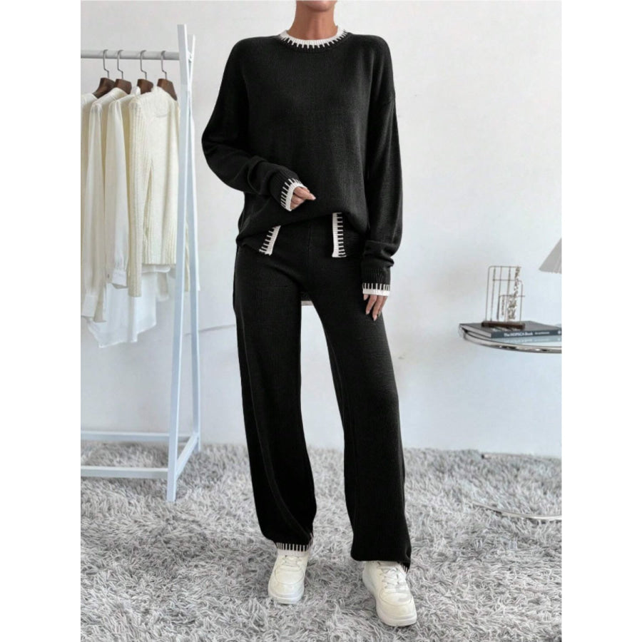 Side Slit Contrast Trim Round Neck Top and Pants Sweater Set Apparel and Accessories