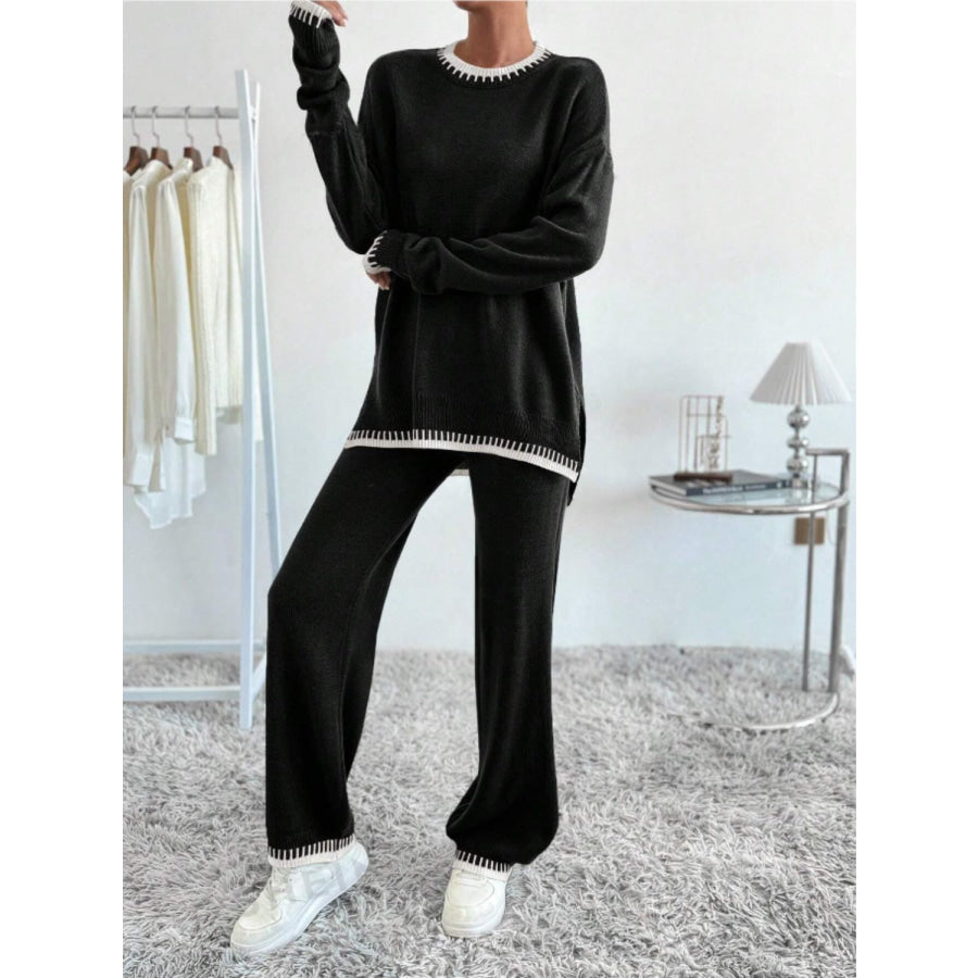 Side Slit Contrast Trim Round Neck Top and Pants Sweater Set Apparel and Accessories