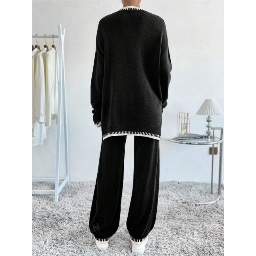 Side Slit Contrast Trim Round Neck Top and Pants Sweater Set Apparel and Accessories