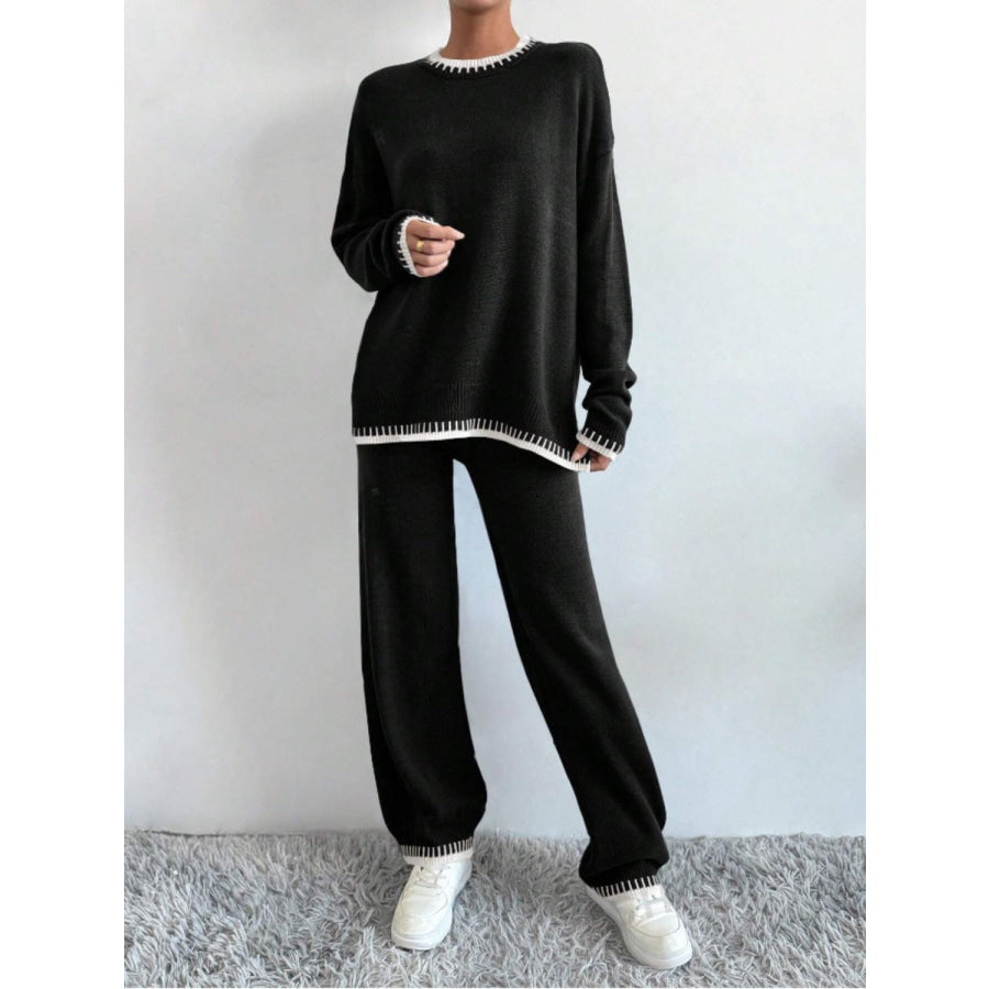 Side Slit Contrast Trim Round Neck Top and Pants Sweater Set Black / S Apparel and Accessories