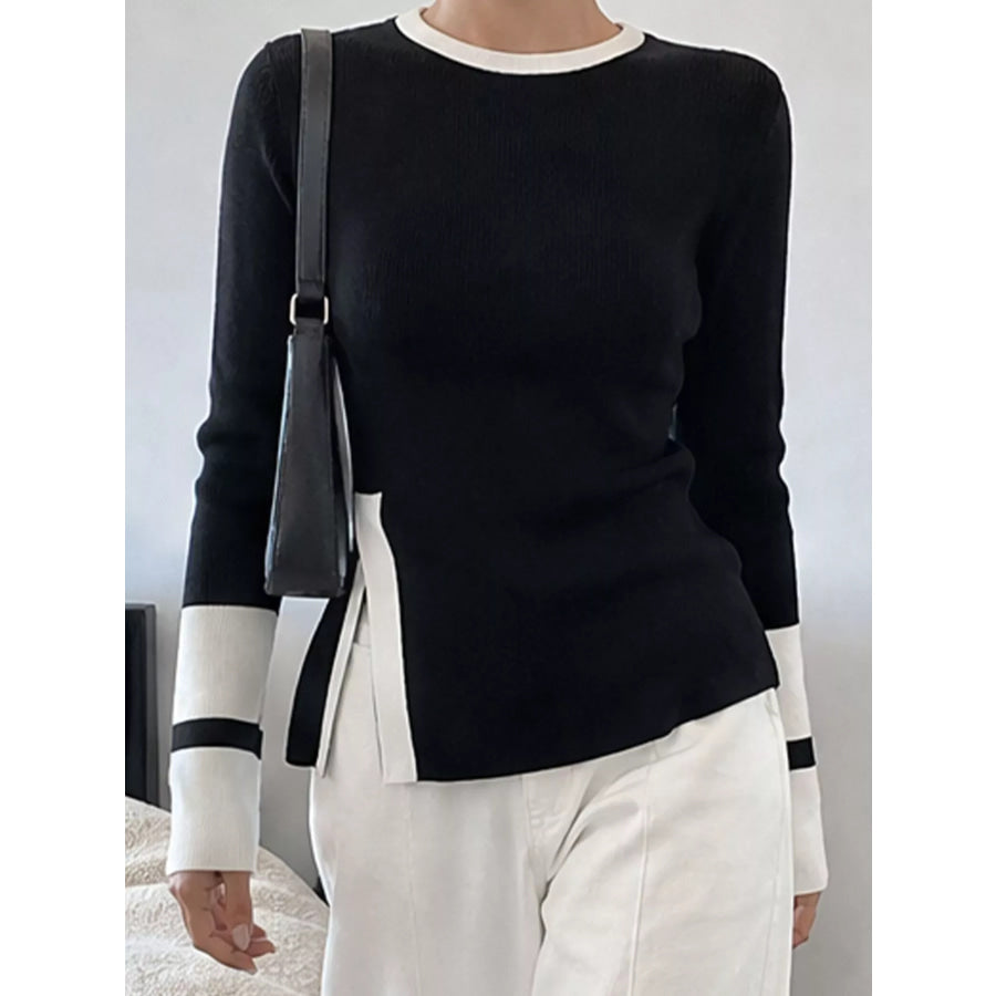 Side Slit Contrast Trim Sweater Apparel and Accessories
