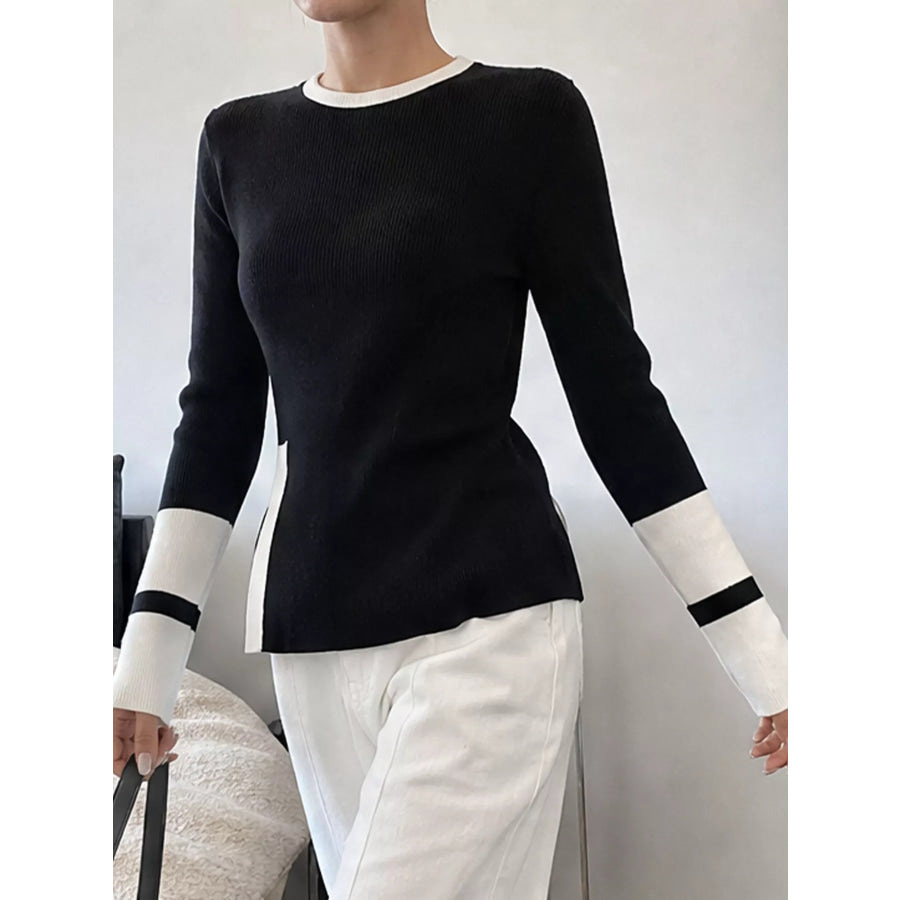 Side Slit Contrast Trim Sweater Black / S Apparel and Accessories