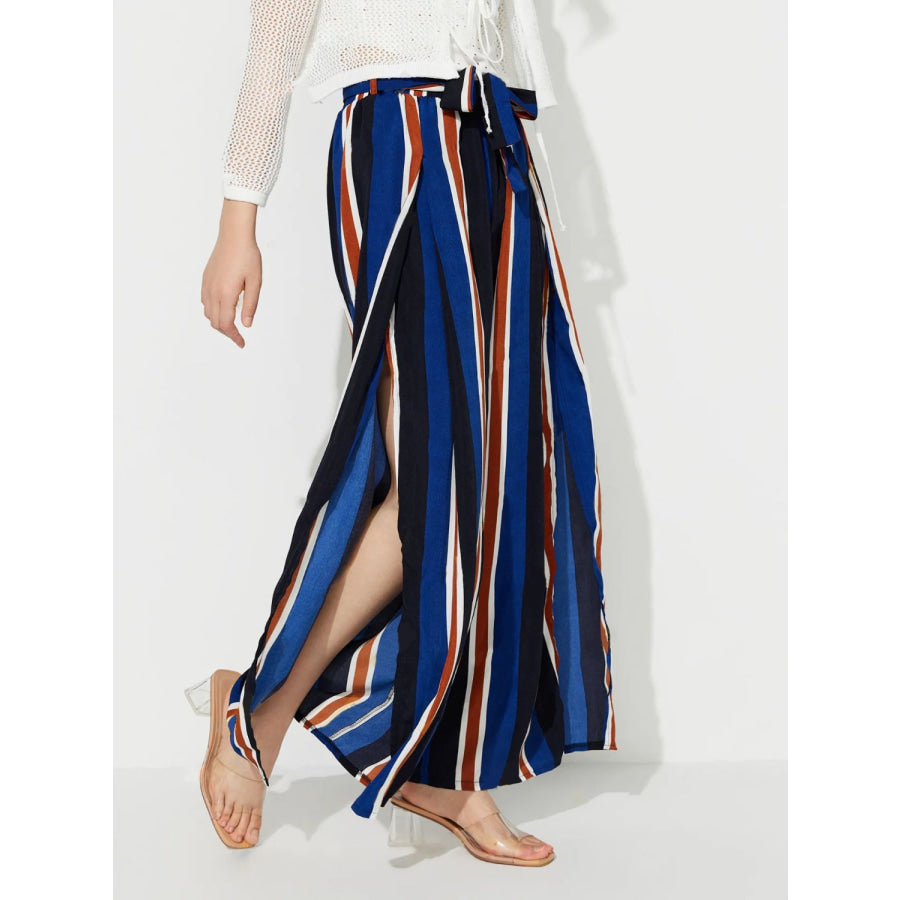 Side Slit Contrast Wide Leg Pants Stripe / S Apparel and Accessories