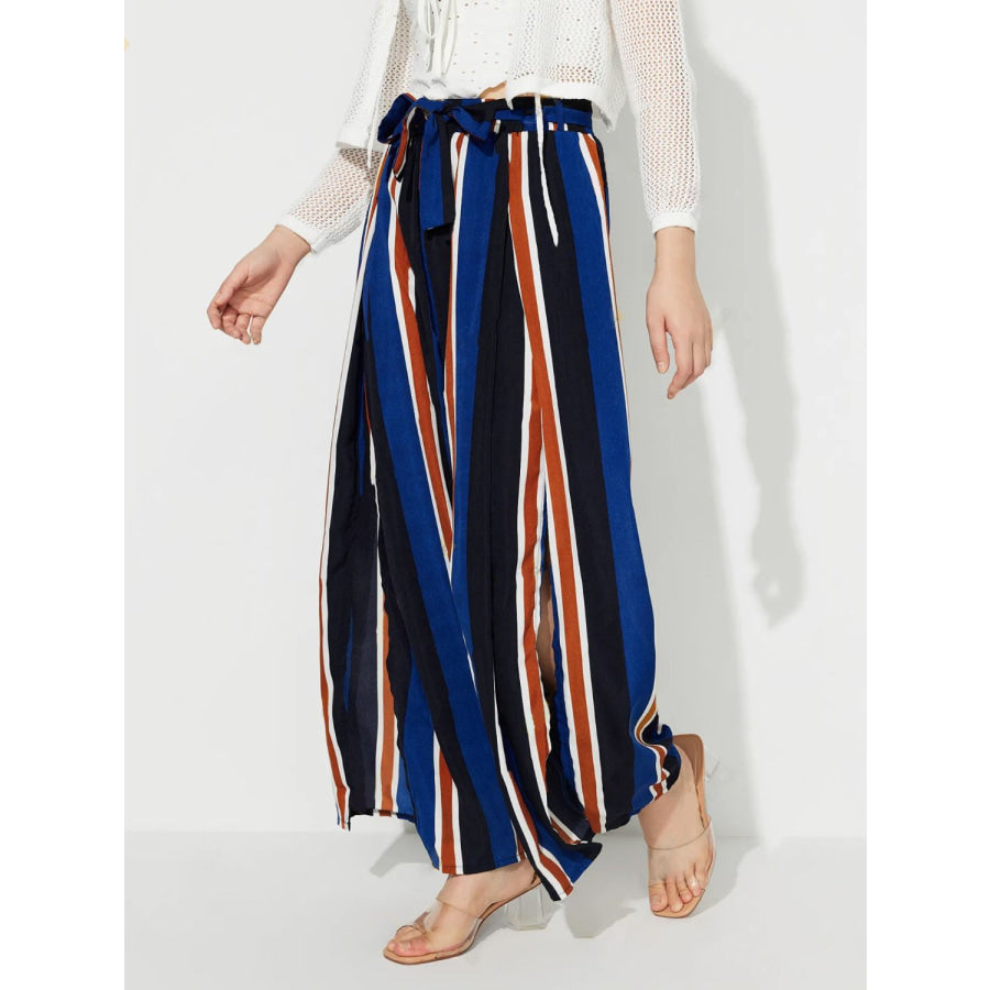 Side Slit Contrast Wide Leg Pants Stripe / S Apparel and Accessories