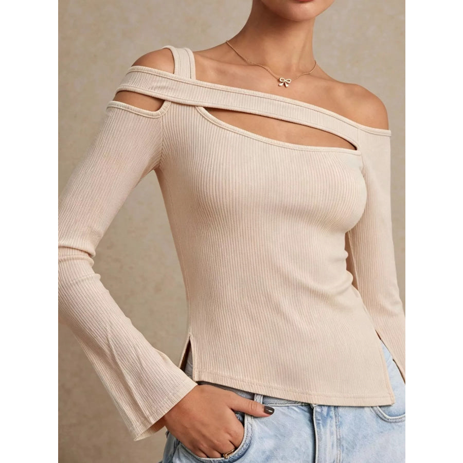 Side Slit Cutout Ribbed Long Sleeve T-Shirt Apparel and Accessories