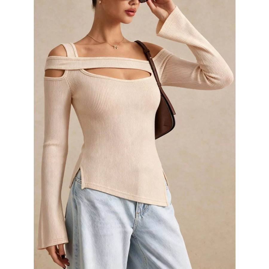 Side Slit Cutout Ribbed Long Sleeve T-Shirt Apparel and Accessories
