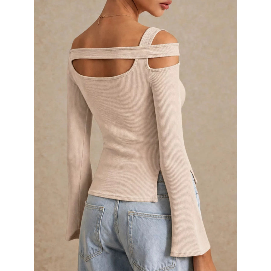 Side Slit Cutout Ribbed Long Sleeve T-Shirt Apparel and Accessories