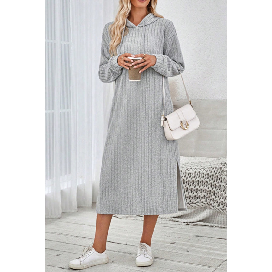 Side Slit Drawstring Long Sleeve Hooded Dress Apparel and Accessories