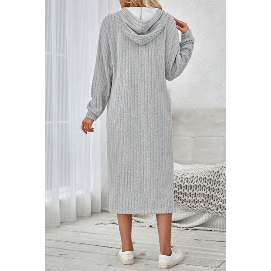 Side Slit Drawstring Long Sleeve Hooded Dress Light Gray / S Apparel and Accessories