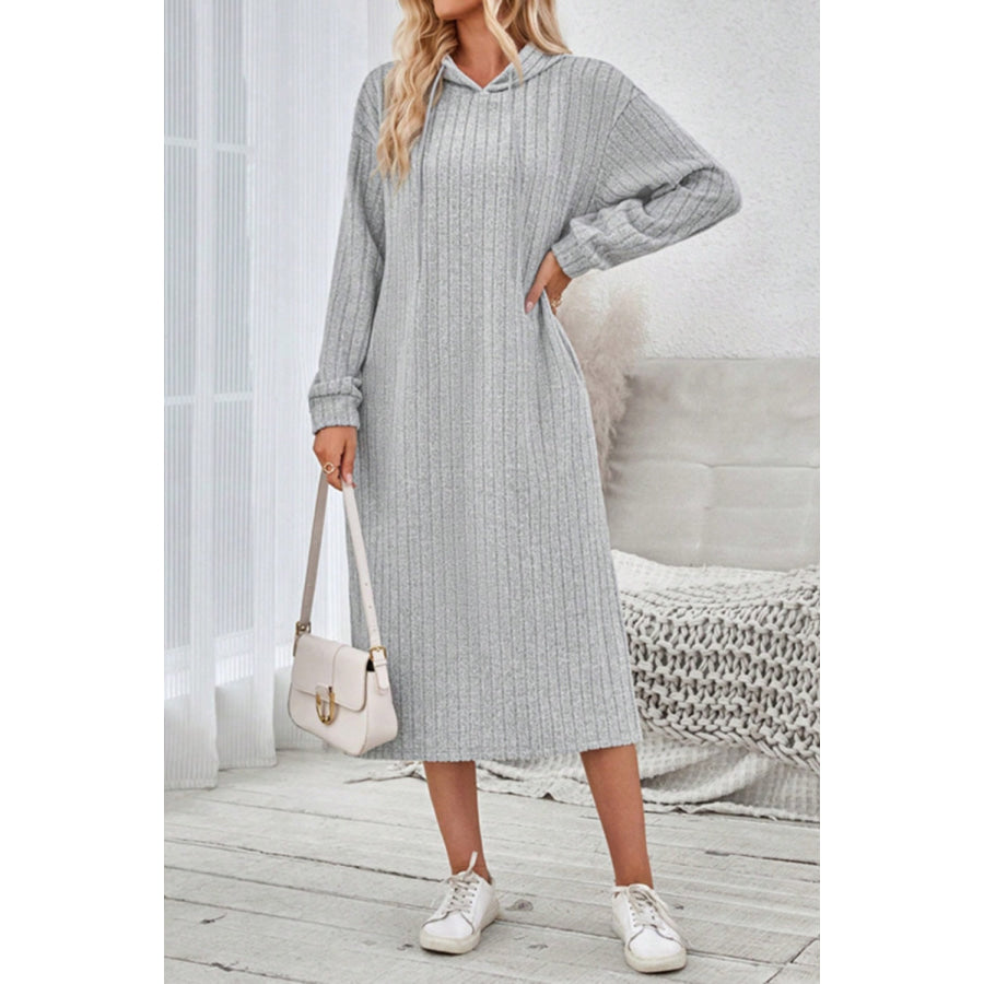 Side Slit Drawstring Long Sleeve Hooded Dress Light Gray / S Apparel and Accessories