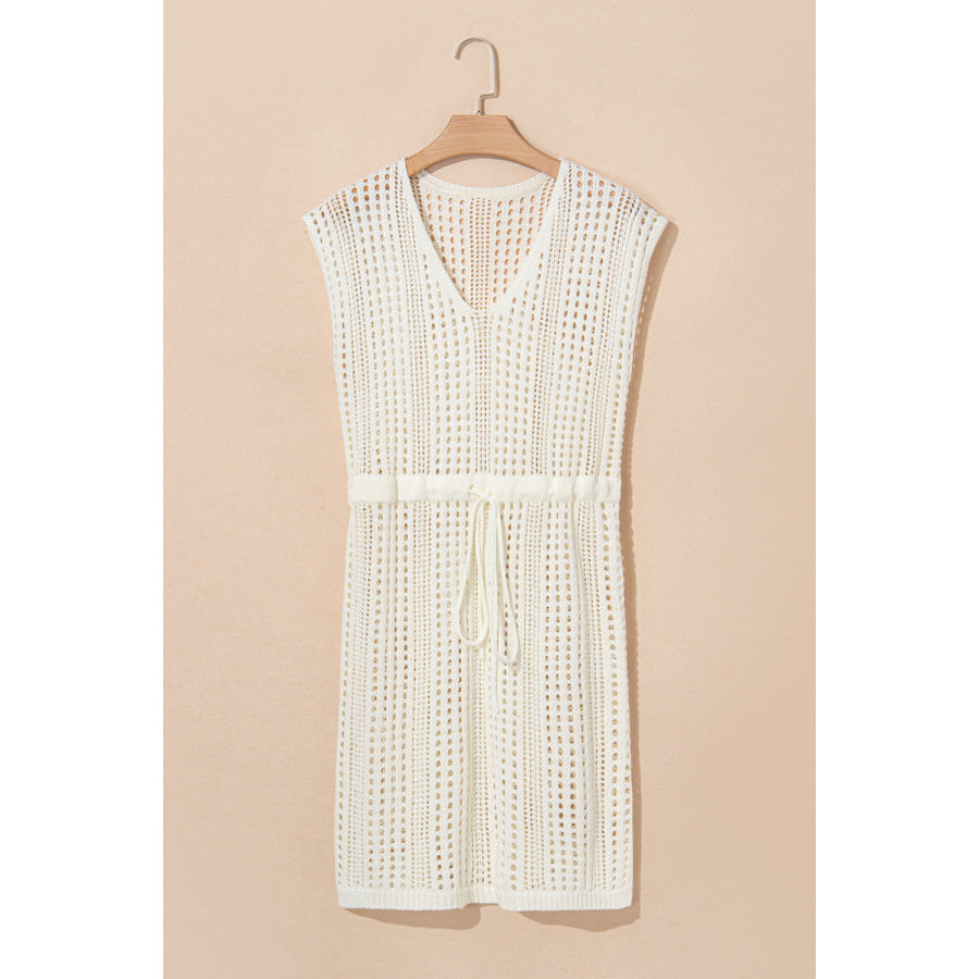 Side Slit Drawstring V-Neck Knit Cover Up Dress Apparel and Accessories