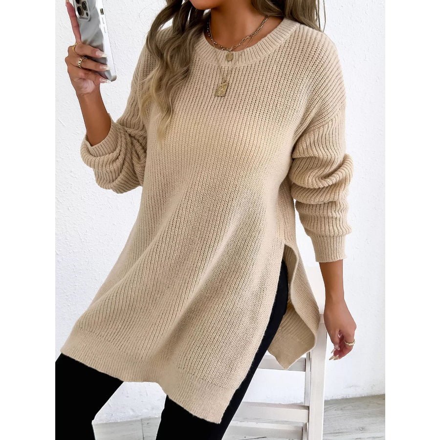 Side-Slit Dropped Shoulder Sweater Apparel and Accessories