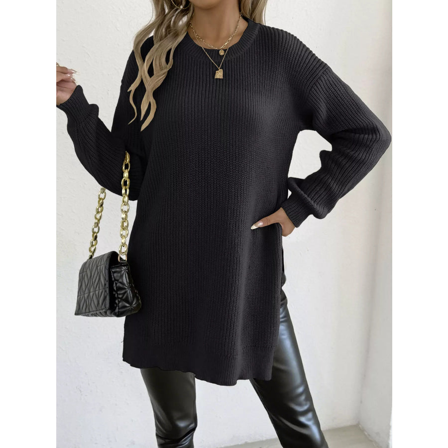 Side-Slit Dropped Shoulder Sweater Apparel and Accessories