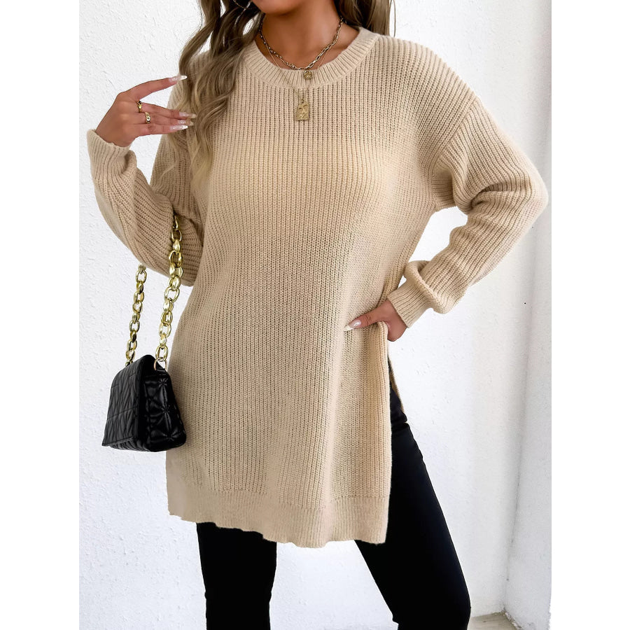 Side-Slit Dropped Shoulder Sweater Apricot / S Apparel and Accessories