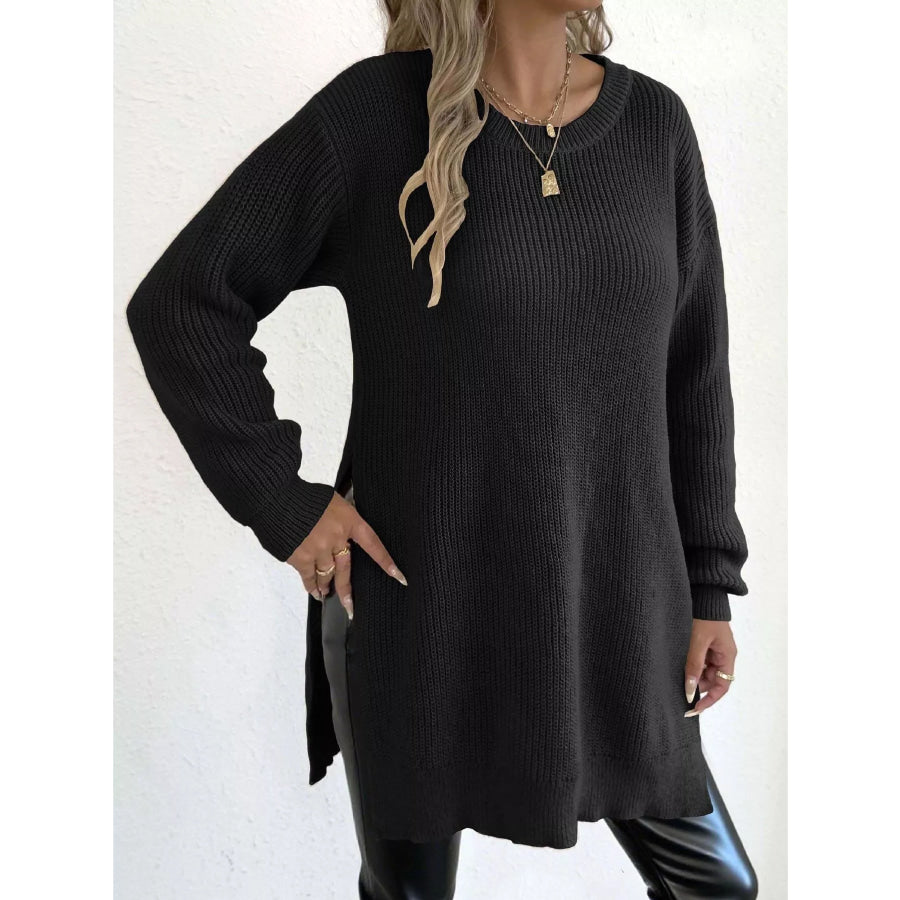 Side-Slit Dropped Shoulder Sweater Black / S Apparel and Accessories