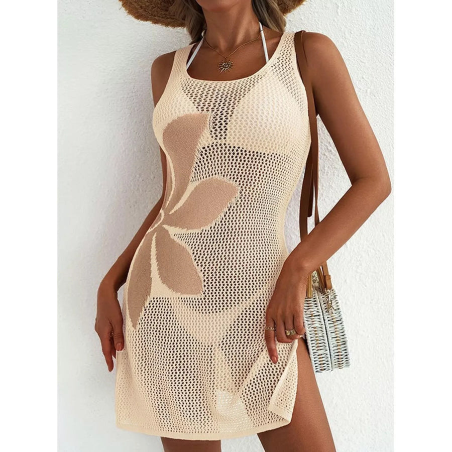 Side Slit Flower Crochet Knit Cover Up Dress Apparel and Accessories