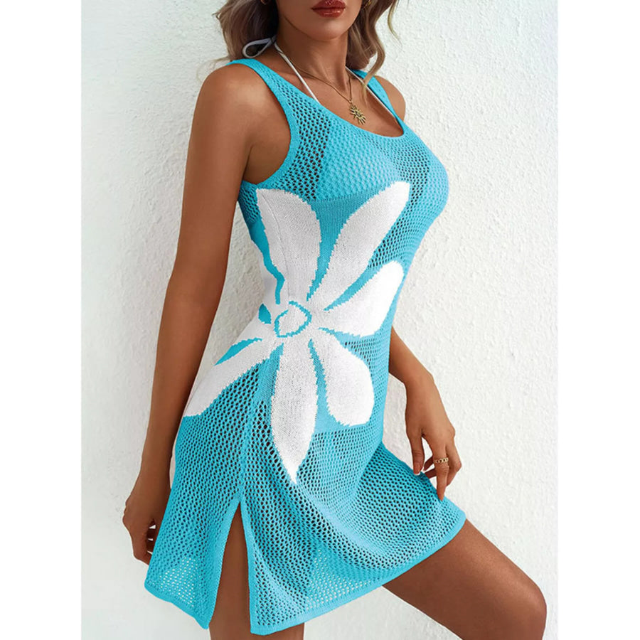 Side Slit Flower Crochet Knit Cover Up Dress Apparel and Accessories