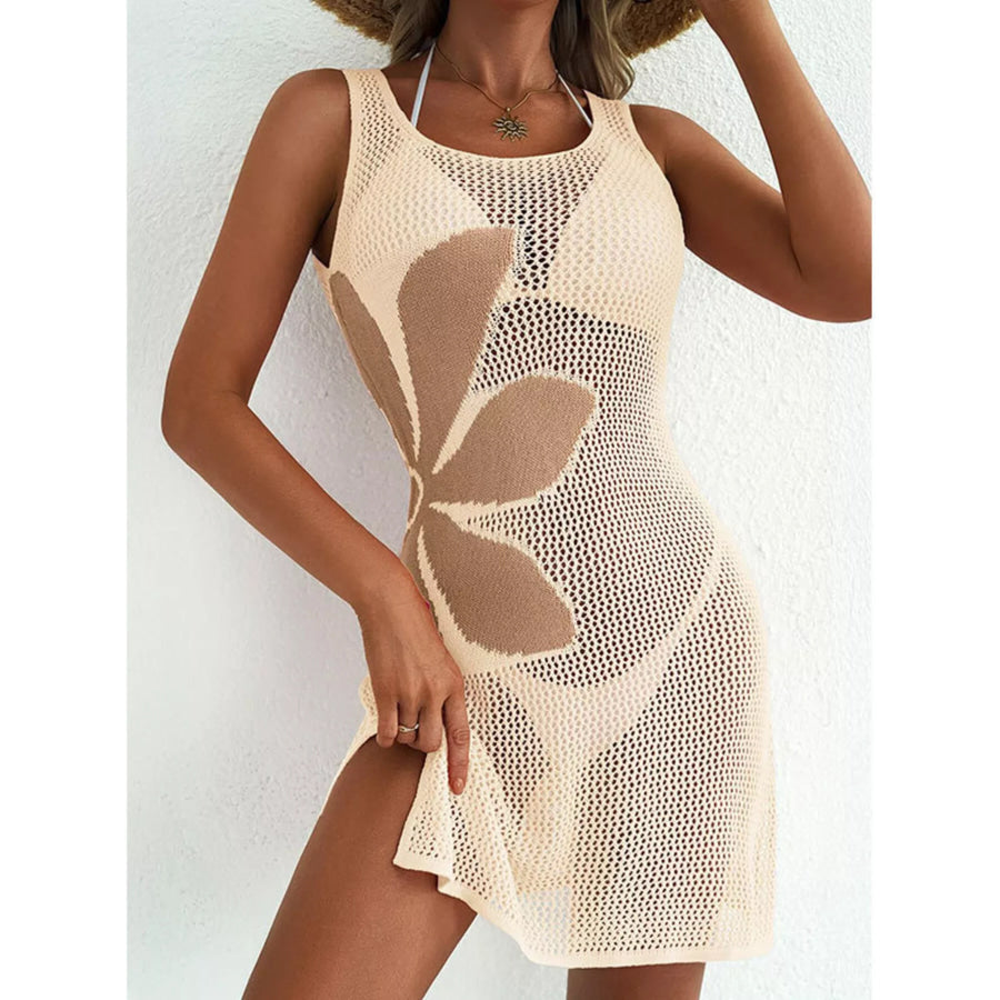 Side Slit Flower Crochet Knit Cover Up Dress Apricot / S Apparel and Accessories