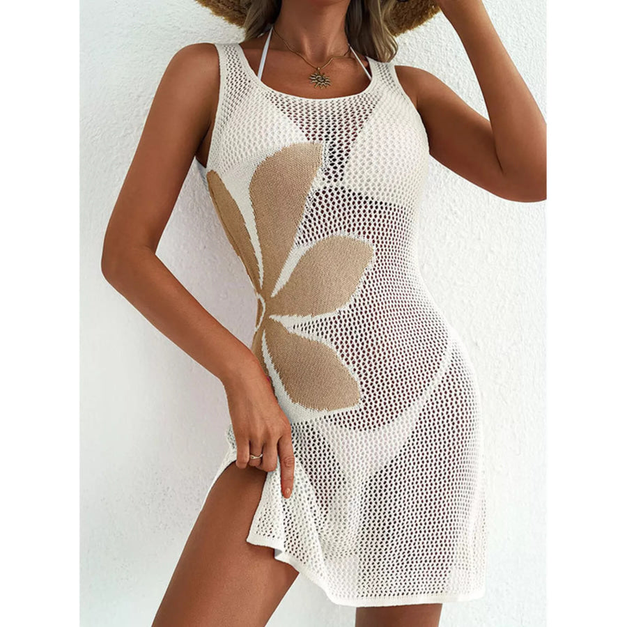 Side Slit Flower Crochet Knit Cover Up Dress White / S Apparel and Accessories