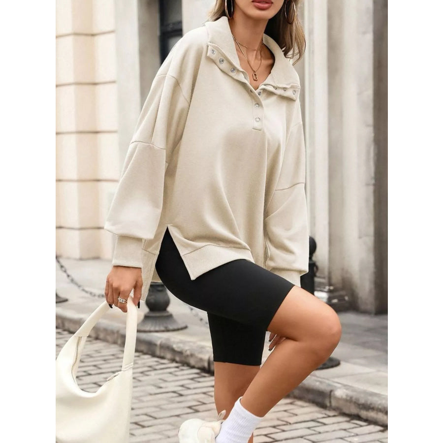 Side Slit Half Snap Sweatshirt Apparel and Accessories
