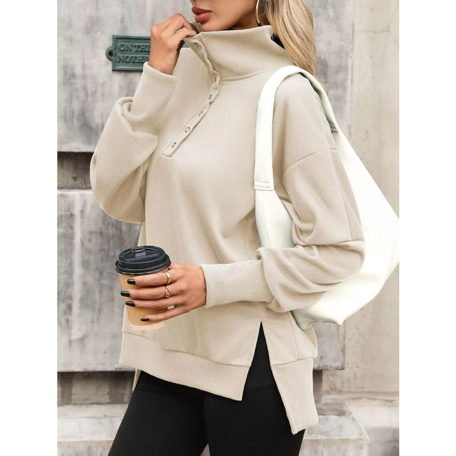 Side Slit Half Snap Sweatshirt Apparel and Accessories
