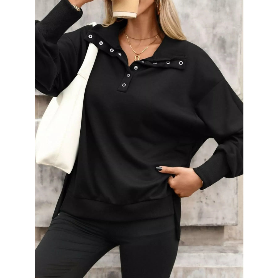 Side Slit Half Snap Sweatshirt Apparel and Accessories