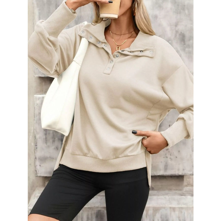 Side Slit Half Snap Sweatshirt Apparel and Accessories