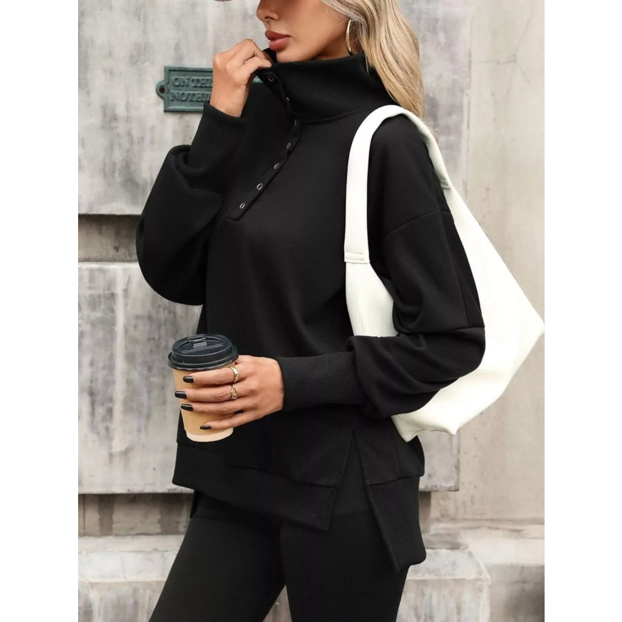 Side Slit Half Snap Sweatshirt Apparel and Accessories