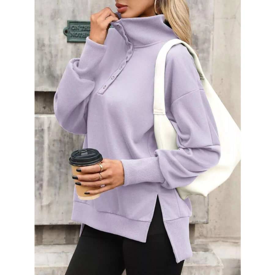 Side Slit Half Snap Sweatshirt Apparel and Accessories