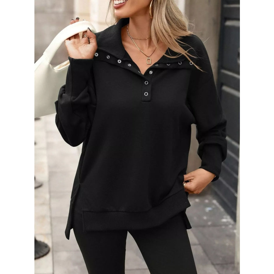 Side Slit Half Snap Sweatshirt Apparel and Accessories