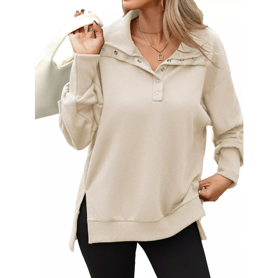 Side Slit Half Snap Sweatshirt Apricot / S Apparel and Accessories